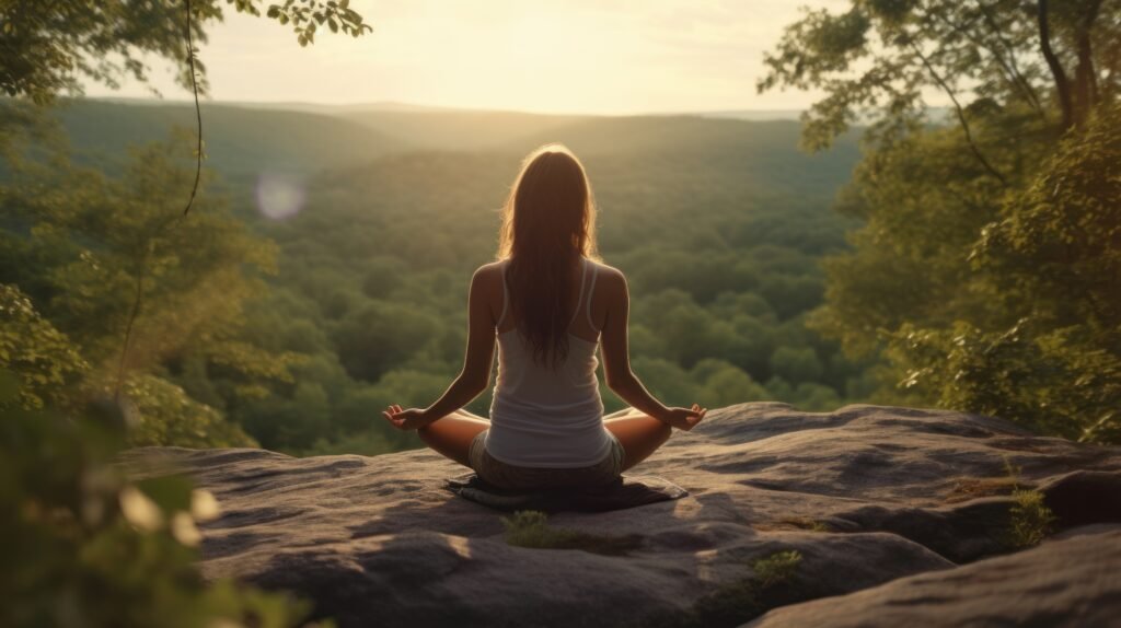 A woman is sitting in a lotus position on a rock