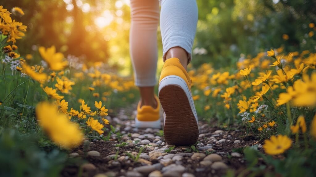 Woman wearing yellow shoes walking away on a gravel path surrounded by yellow flowers at sunset