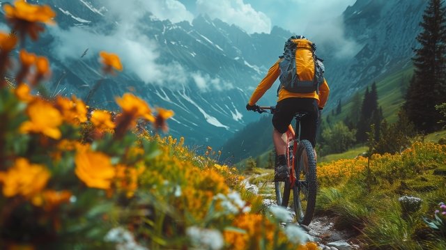 A man is riding a bike down a rugged mountain trail.