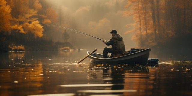 Fishing with rods on autumn landscape near the river, fisherman on boat