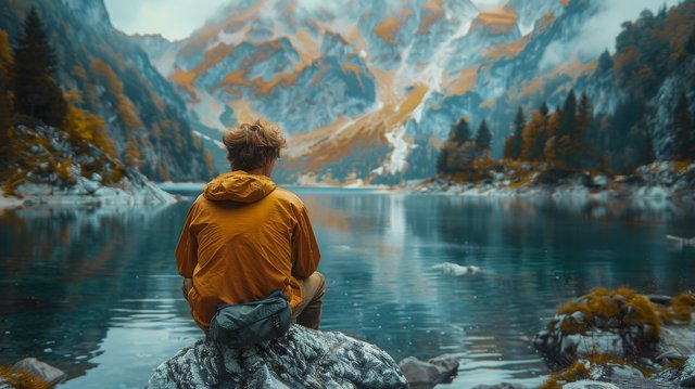 person sitting on rock by the lake