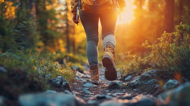 Woman hiking in forest on rocky trail at sunset